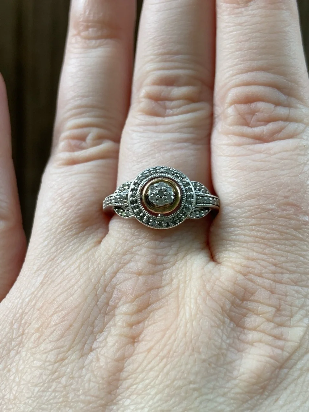 Gorgeous Sterling Silver Two-Tone Halo Diamond Ring